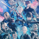An illustration showing FFXIV: Endwalker's heroes standing in front of blue and pink clouds.